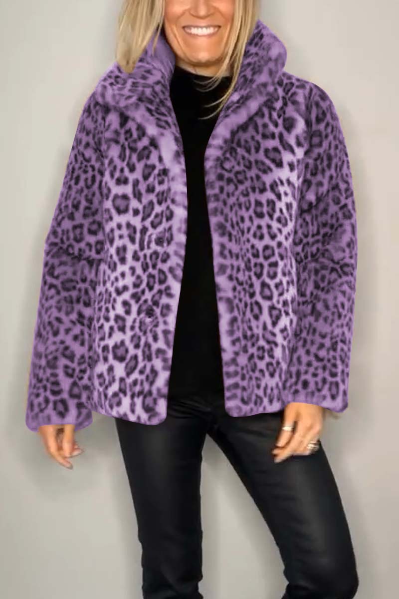 Women's short faux fur coat with leopard print collar, cozy cotton-blend winter outerwear
