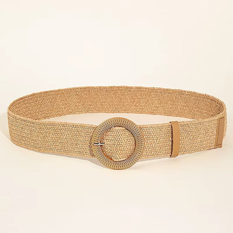 Handwoven natural raffia boho belt with beaded circular buckle, sand and pearl tones