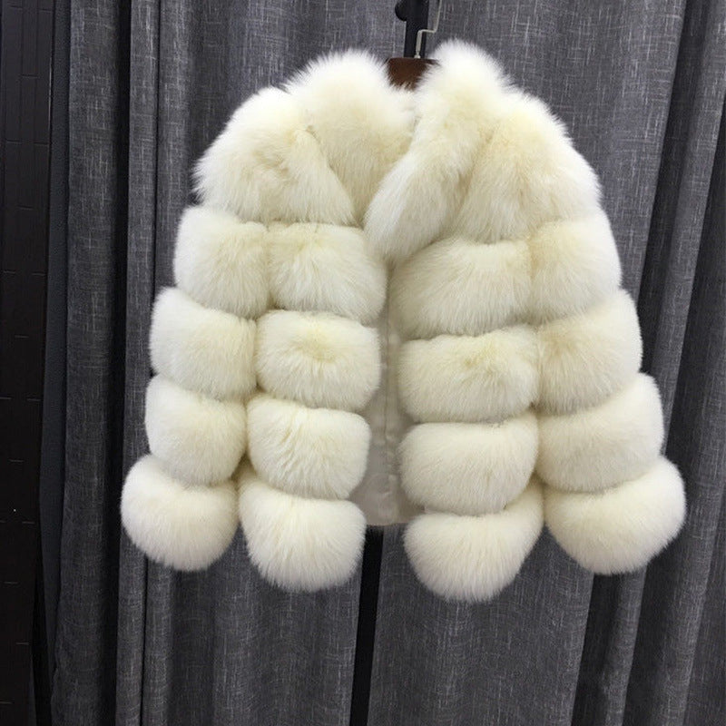 Women's short faux fox fur coat, soft minimalist silhouette, beltless streamlined cut for versatile cold-weather layering