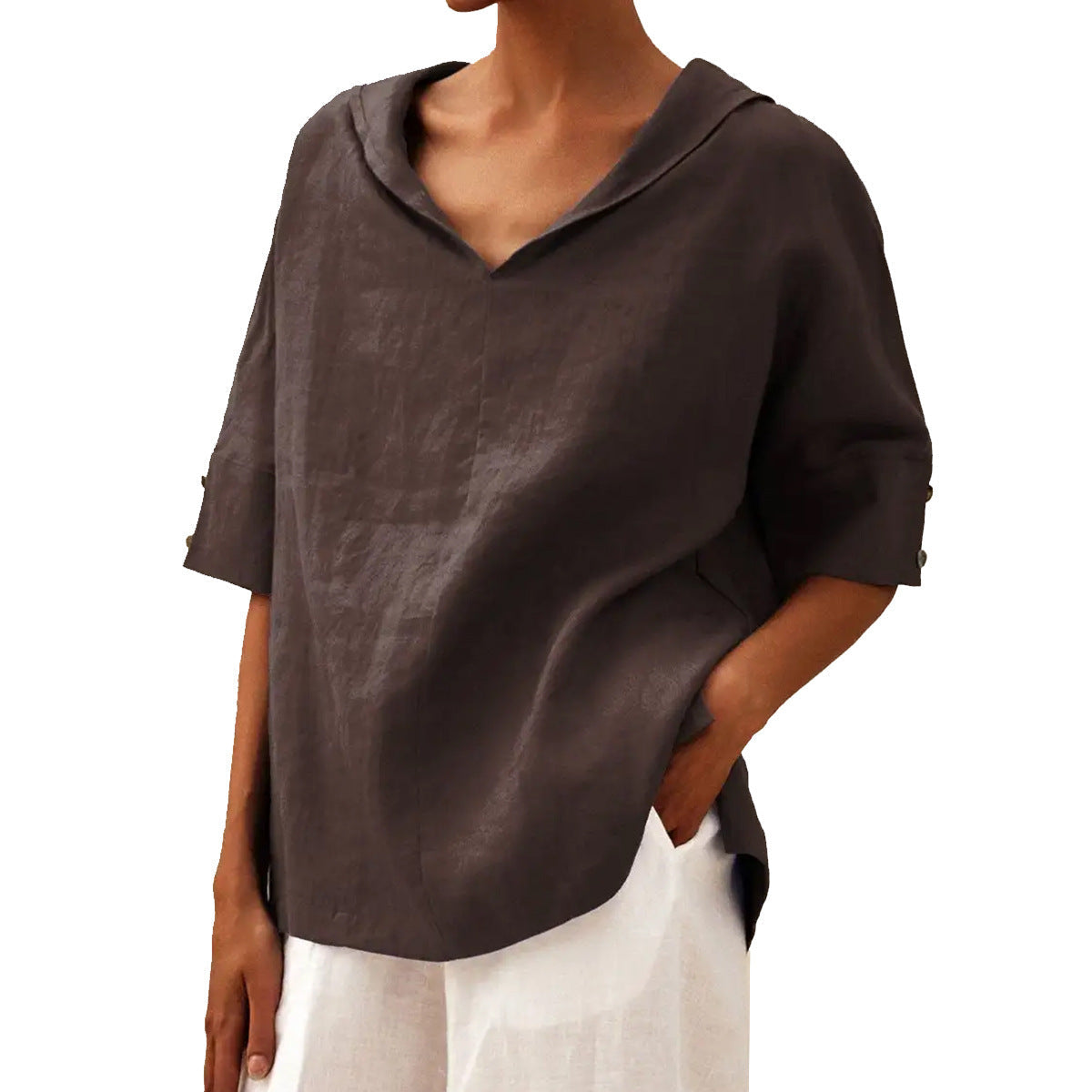 Women's solid V-neck half-sleeve blouse relaxed modern cut everyday casual versatile flattering fit