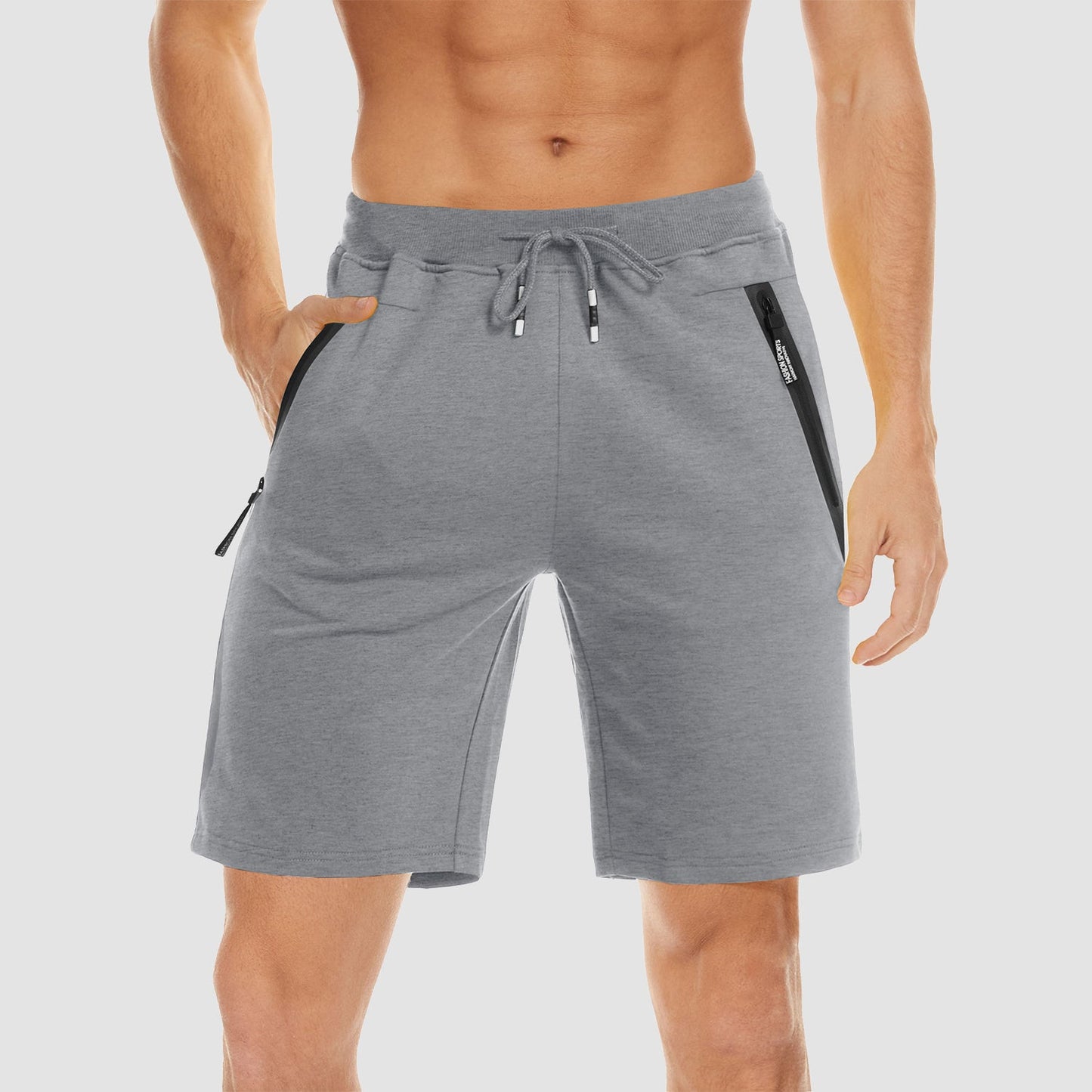 Men's gray cotton jogger shorts elastic waist zipper pockets moisture-wicking quick-dry performance fit