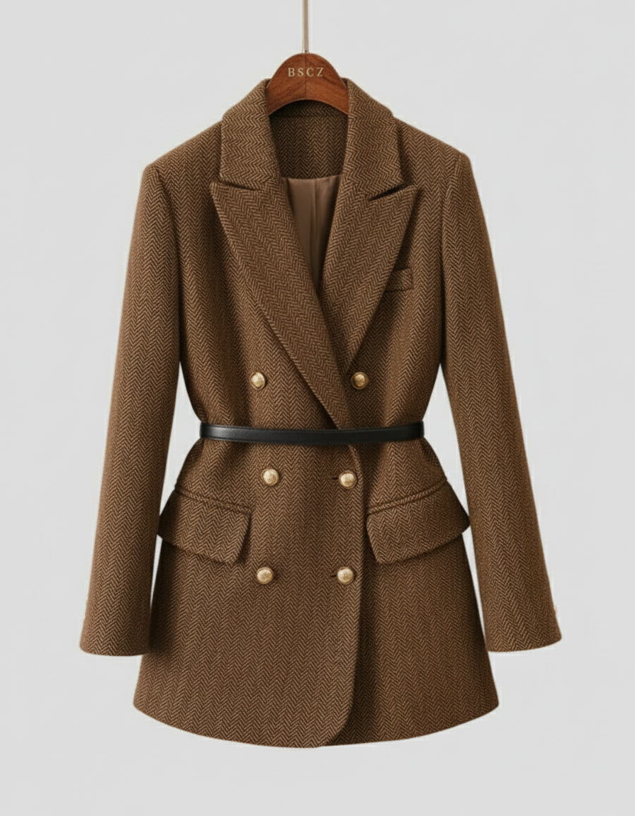 Women's black tweed double-breasted blazer coat with peak lapels, gold buttons, and slim waist belt