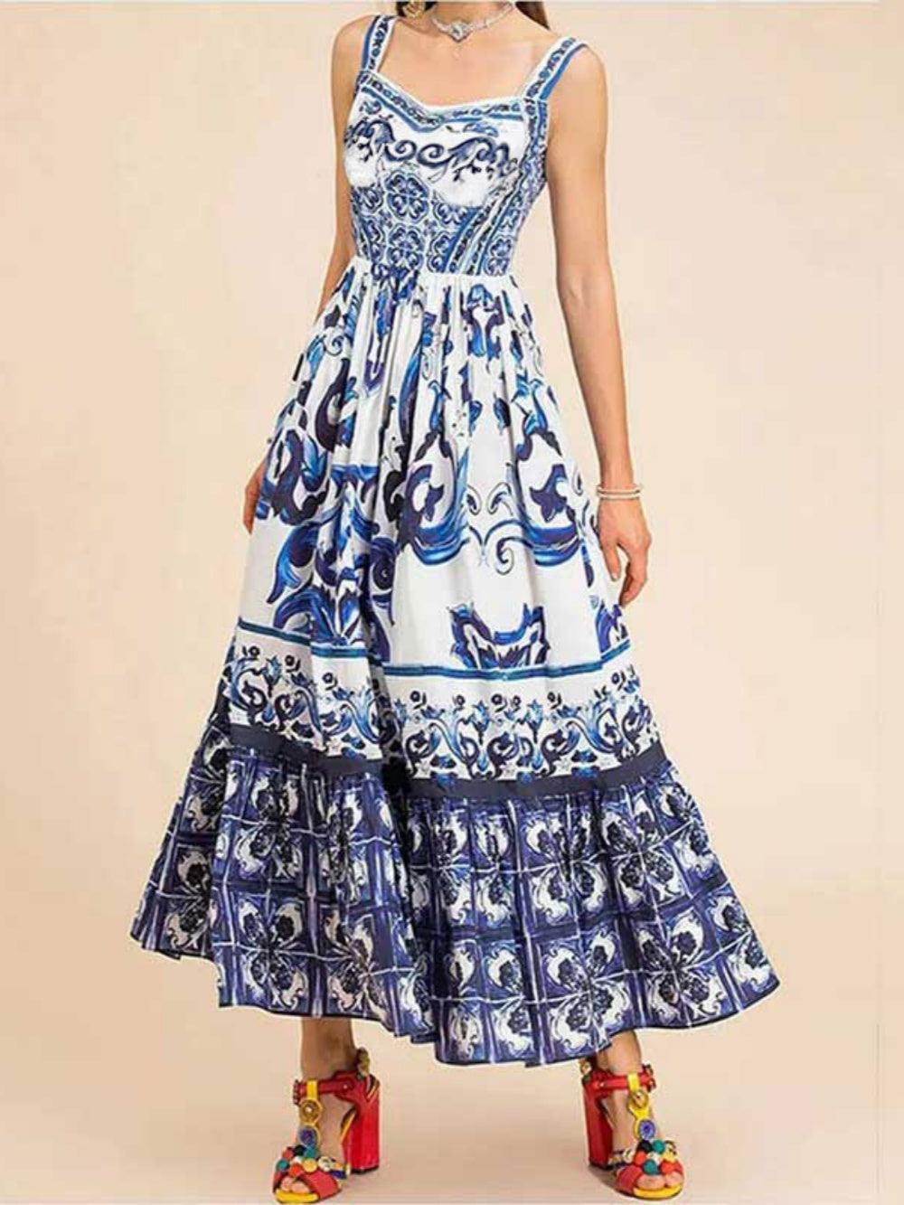 Floral print high-waist shirred strap sleeveless maxi dress with painterly botanical pattern