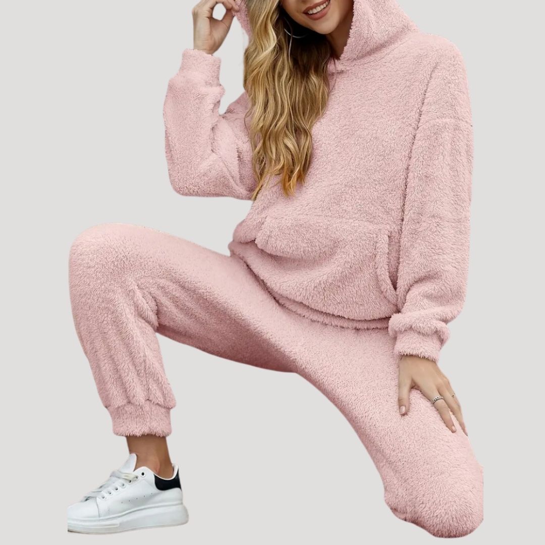 Women's spring two-piece hooded lounge set in cozy soft fabric with flattering coordinated hoodie and pants