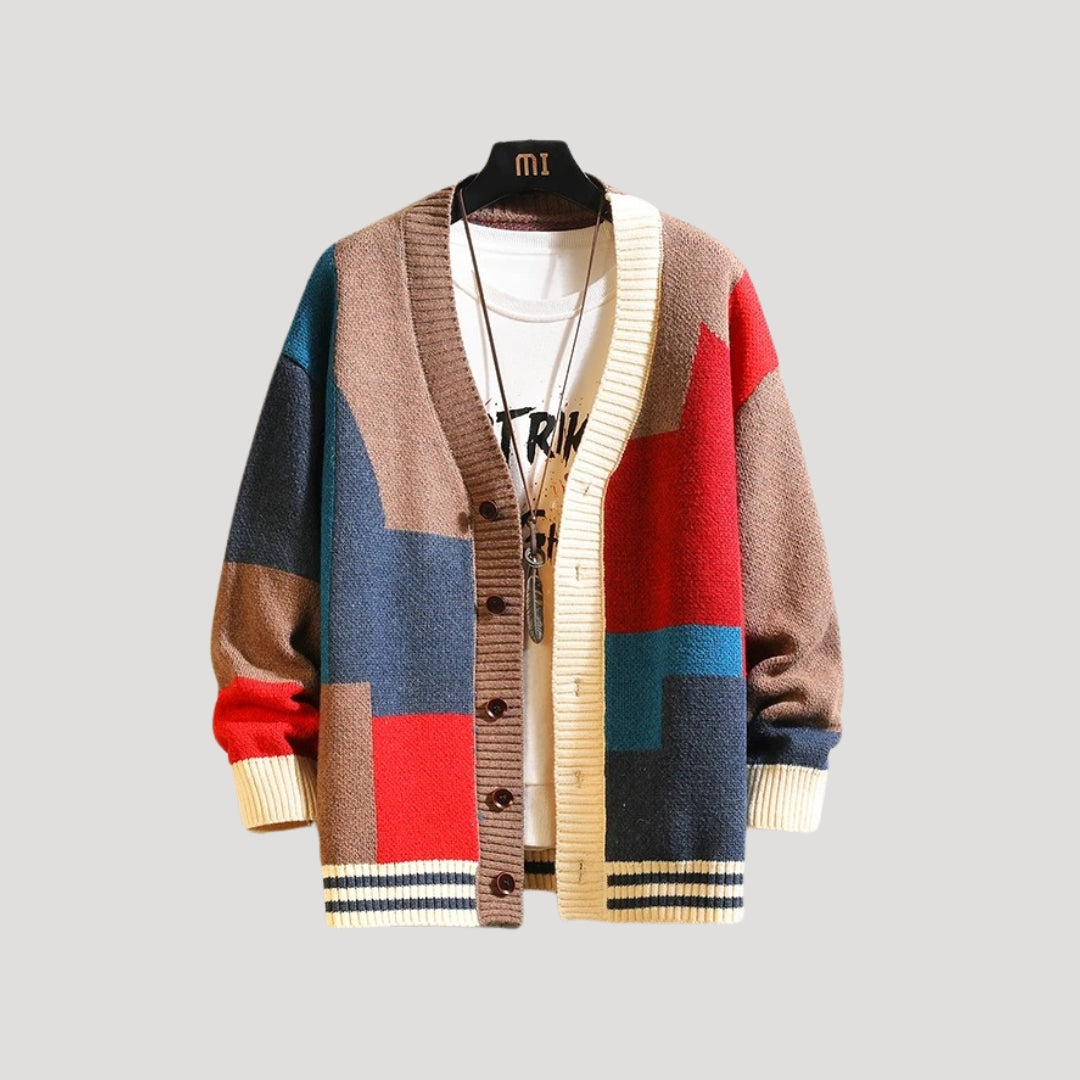 Women's colorblock knit cardigan with button closure, spring layering piece in chic two-tone design