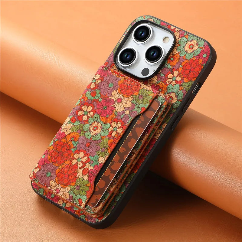 Botanique boho vegan leather iPhone wallet case with magnetic closure holding 5 cards