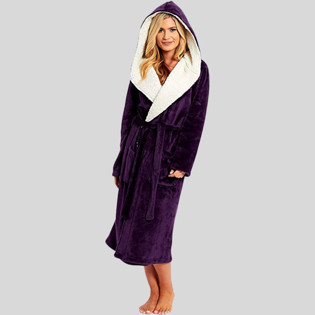 Women's luxury plush hooded bathrobe soft flannel-feel polyester with practical pockets elegant design