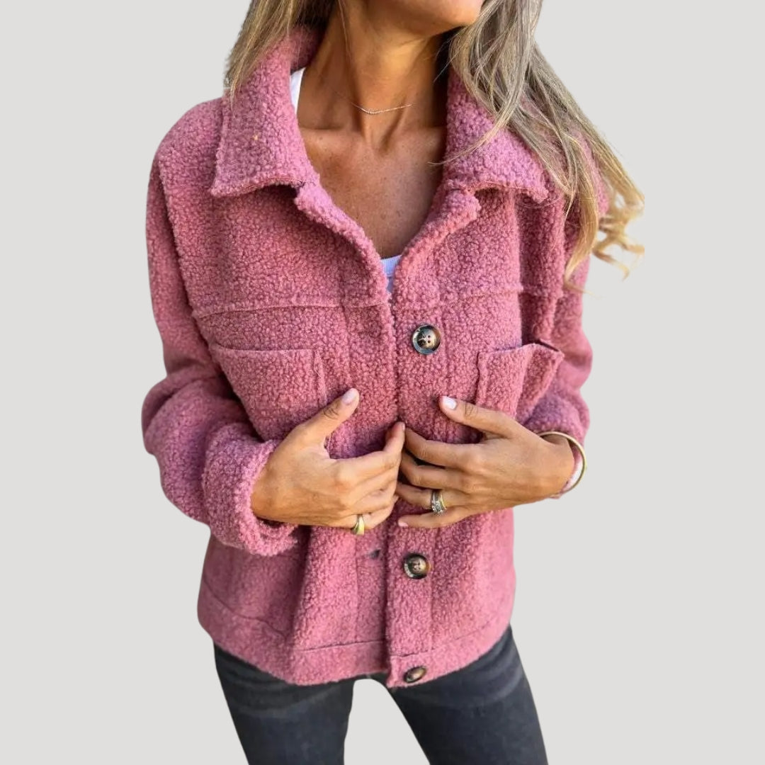 Women's oversized teddy fleece jacket sherpa lined cozy collar button placket winter casual