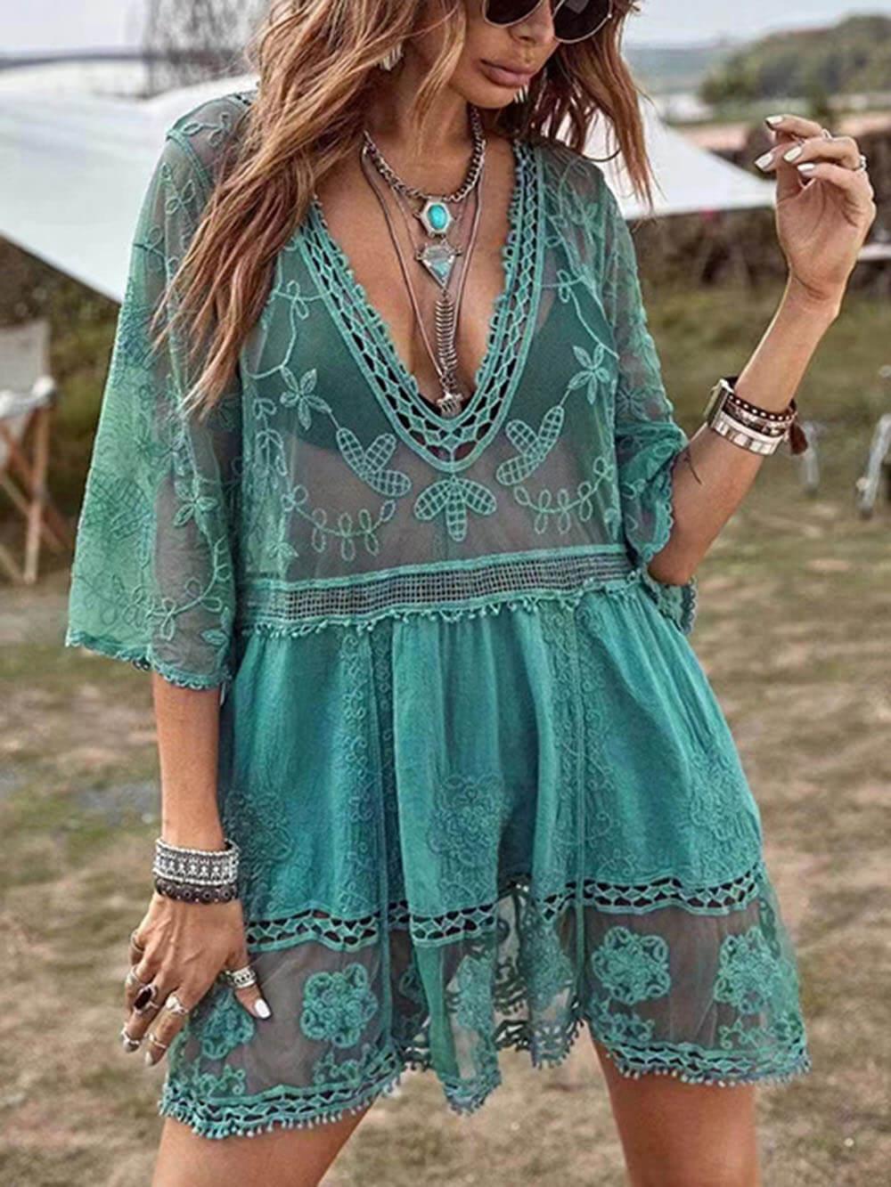 White sheer lace loose-fit bikini cover-up dress with lightweight polyester fabric for beach vacation