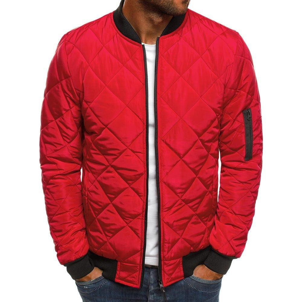Men's black diamond quilted winter bomber jacket with zippered front for urban street style