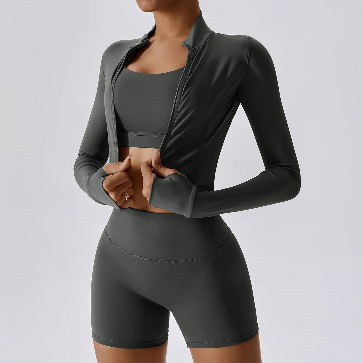 Women's 3-piece athletic set sports bra shorts cropped jacket breathable nylon spandex quick-dry activewear