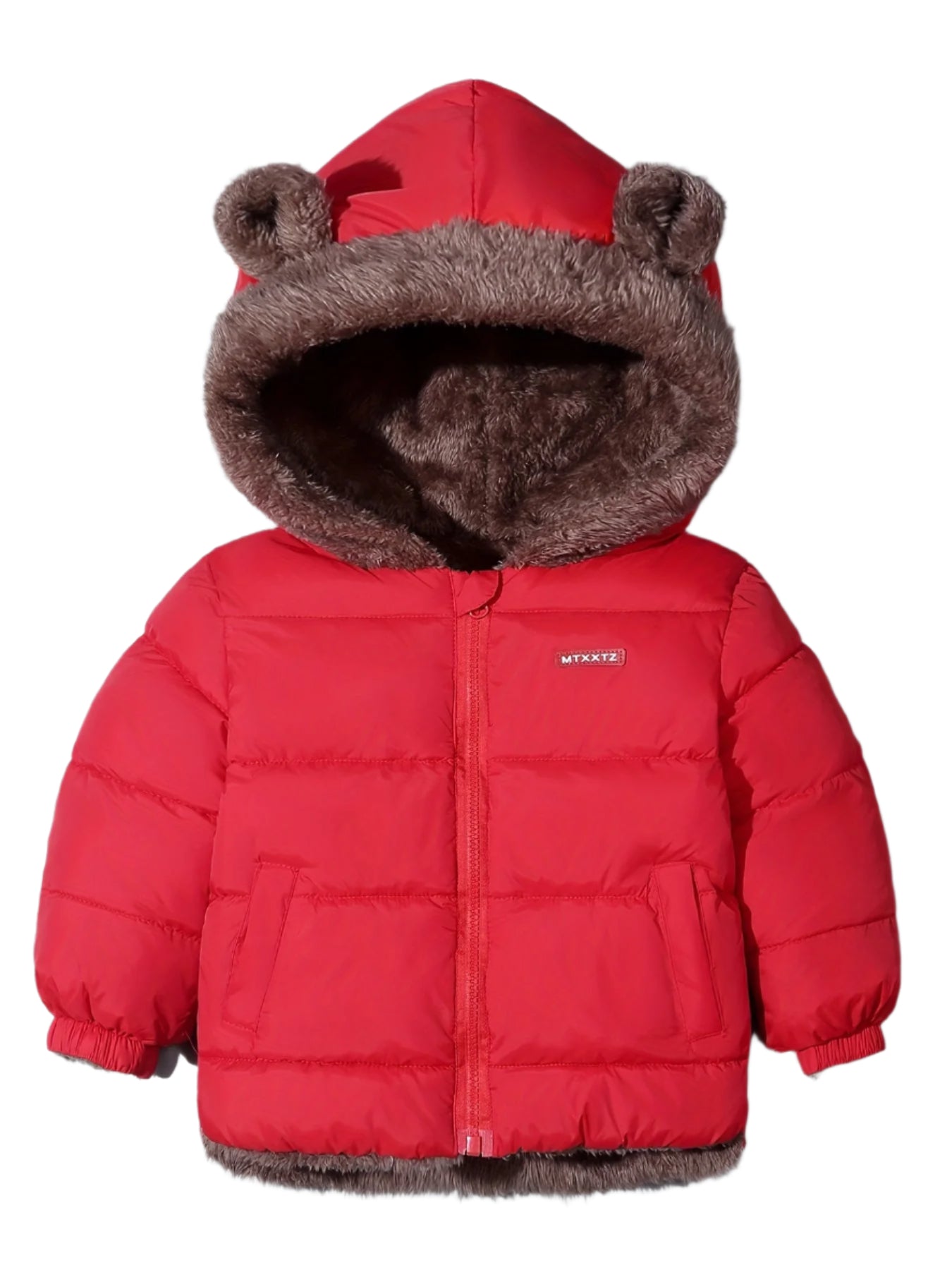 Kids unisex lightweight winter coat with bear ear hood, soft lining, cozy warmth for cold adventures