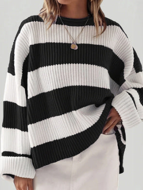 Women's casual striped knit sweater with spandex blend for flexible comfort and versatile everyday fit
