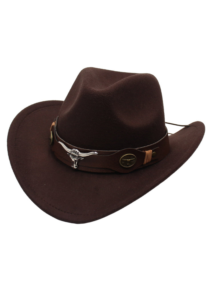 Brown wool felt cowboy hat solid color with bold bull head decoration Western casual daily wear