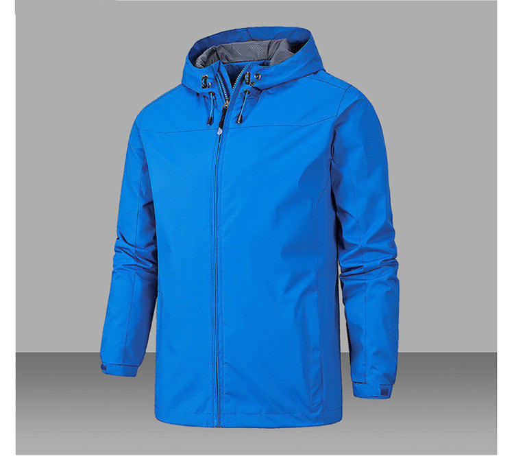 Men's lightweight waterproof polyester jacket with adjustable hood, windproof modern cut all-weather