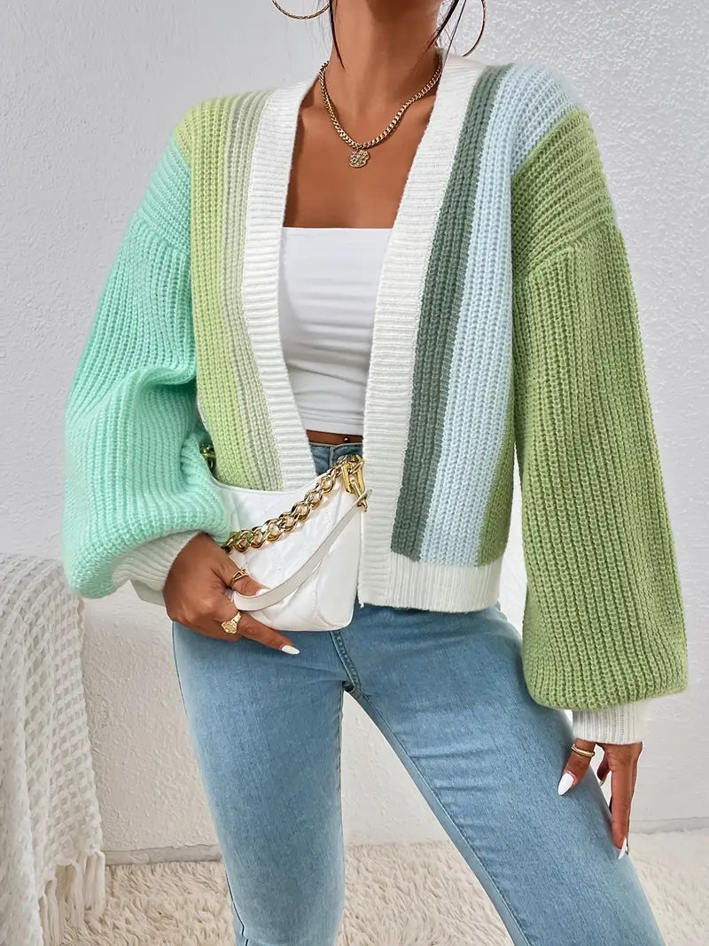 Women's gradient block knit cardigan open-front drape with voluminous balloon sleeves ultra-soft ribbed
