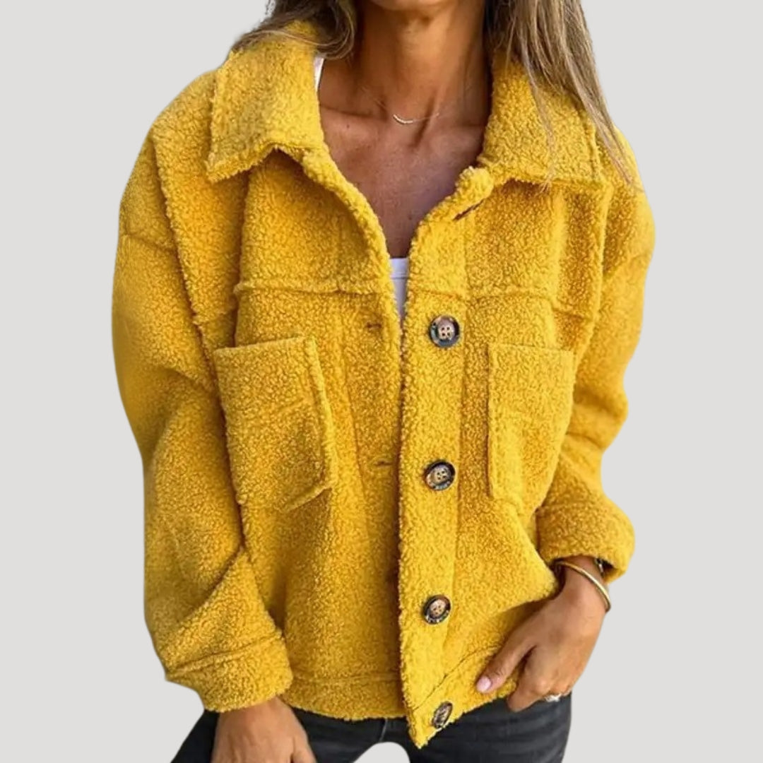 Women's oversized teddy fleece jacket sherpa lined cozy collar plush textured warmth casual winter