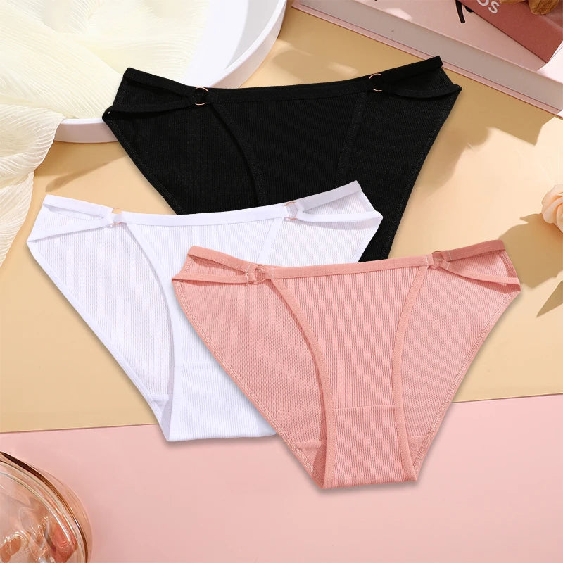 Women's ribbed cotton panty set with double straps, breathable fabric, and hip ring detailing