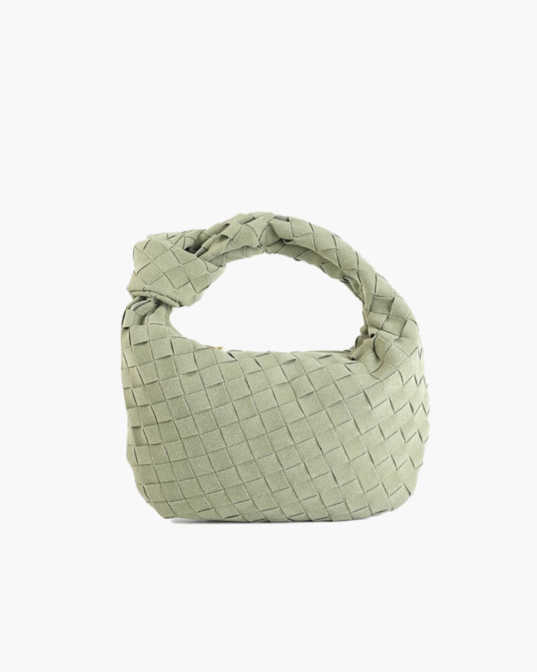 Verona tan suede mini bag woven knot handle sculptural silhouette minimalist accessory