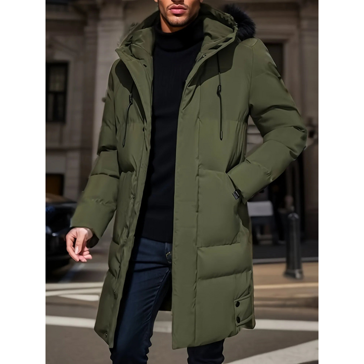 Men's long winter parka coat with cozy lining, adjustable fit, and extended length for cold weather