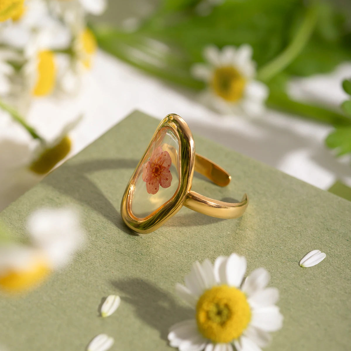 Handcrafted pressed flower resin ring gold-tone bezel adjustable botanical nature-inspired jewelry