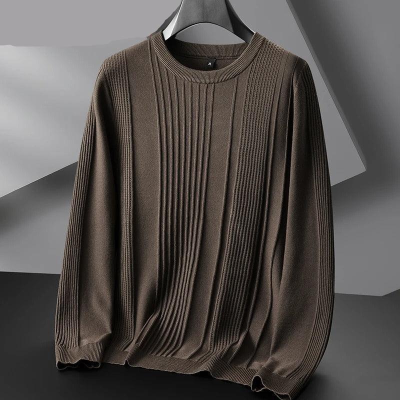 Textured ribbed knit unisex sweater with structured vertical pattern, relaxed modern silhouette