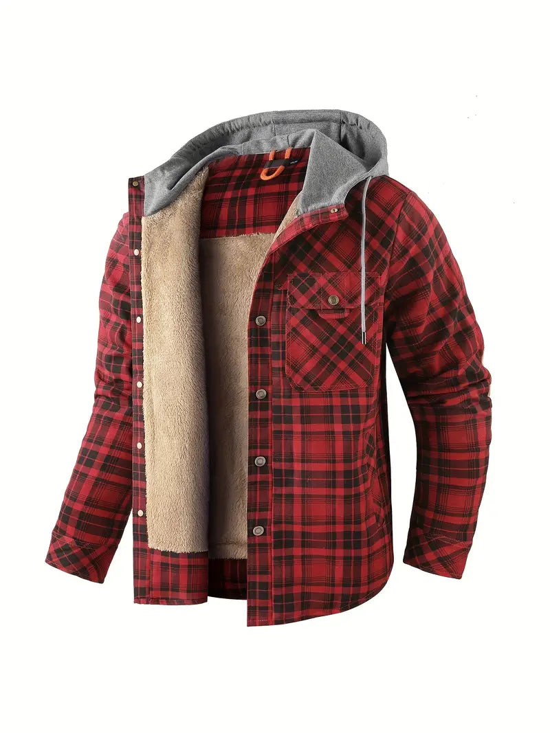 Unisex hooded checked jacket with cozy fleece lining, classic plaid pattern, versatile outdoor coat
