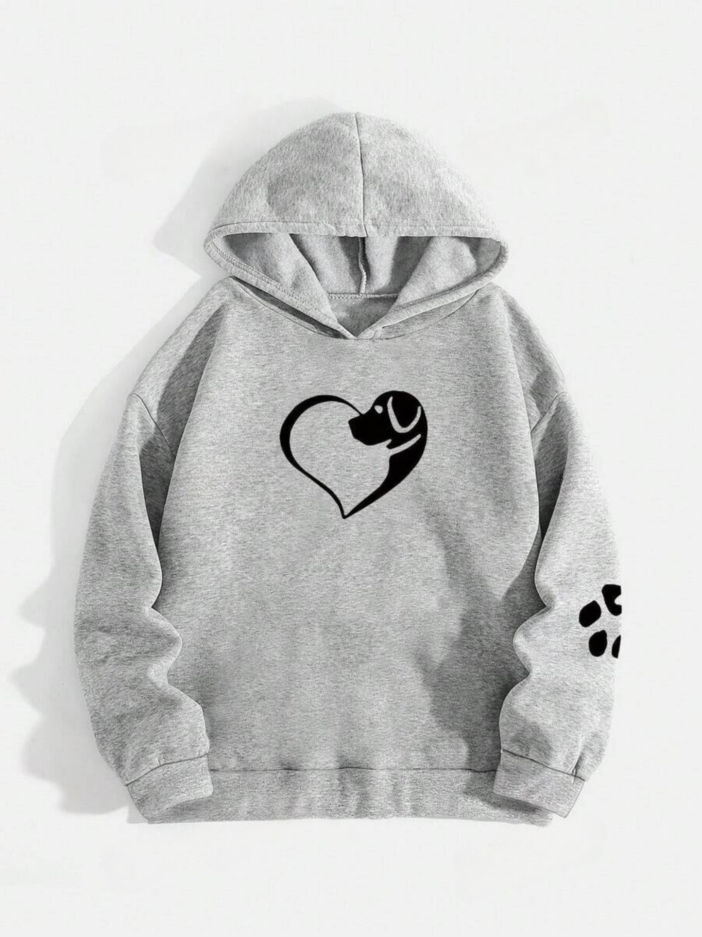 Women's cozy dog heart hoodie with paw print sleeve detail in casual everyday style