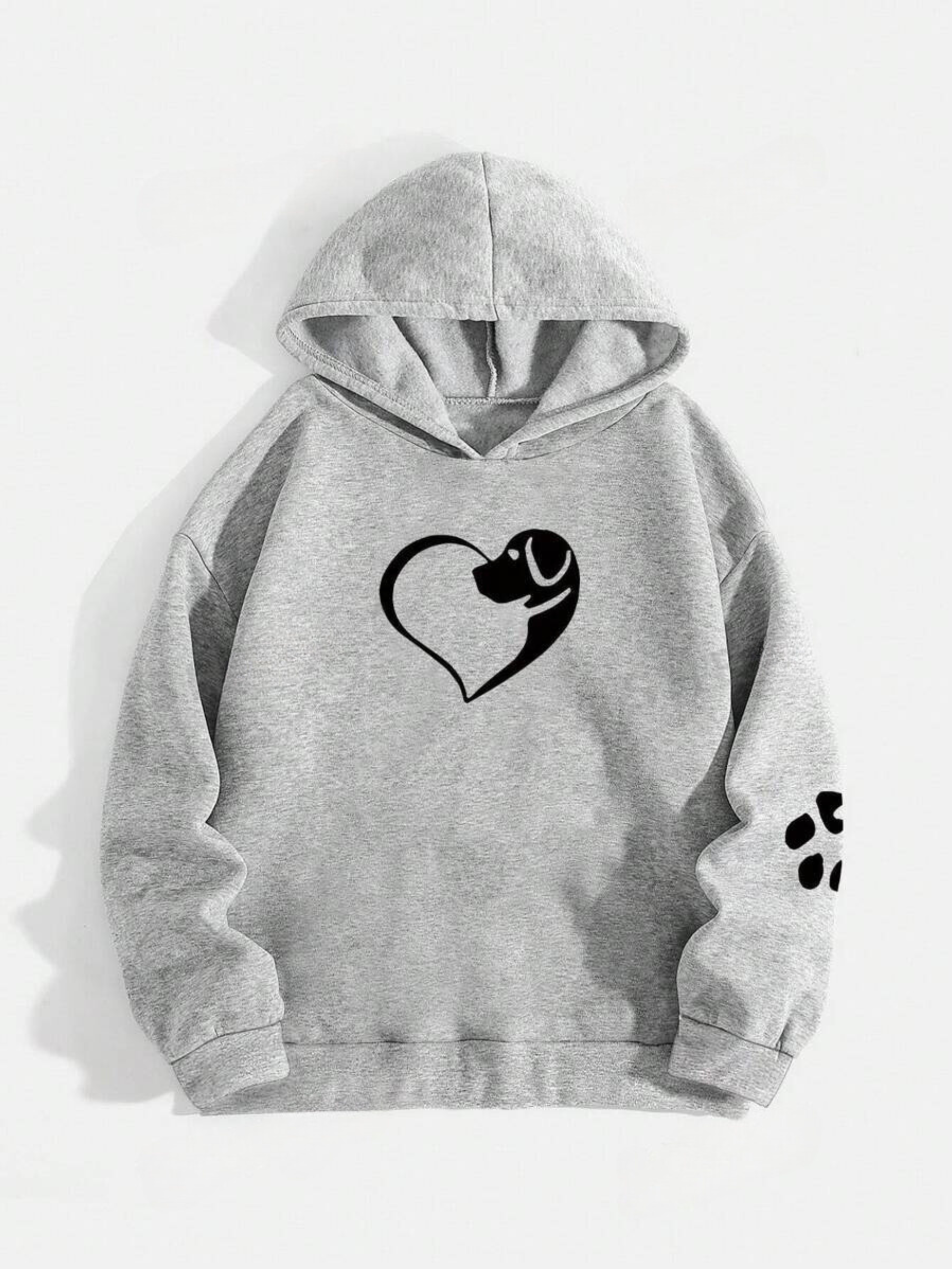 Women's cozy dog heart hoodie with paw print sleeve detail in casual everyday style