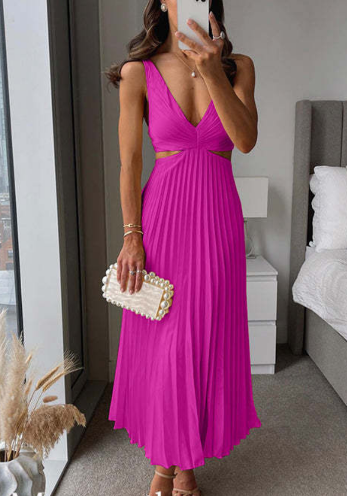 Women's pleated maxi dress elegant evening cutout silhouette V-neck sleeveless flowing comfort