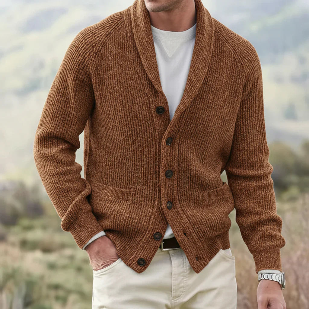 Men's light spring shawl collar cardigan, relaxed smart-casual fit with button-front closure