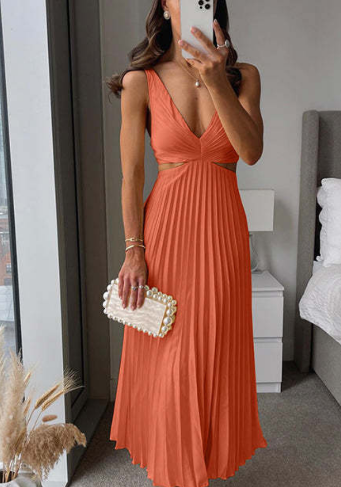 Women's pleated maxi dress elegant V-neck sleeveless cutout silhouette flowing comfort evening