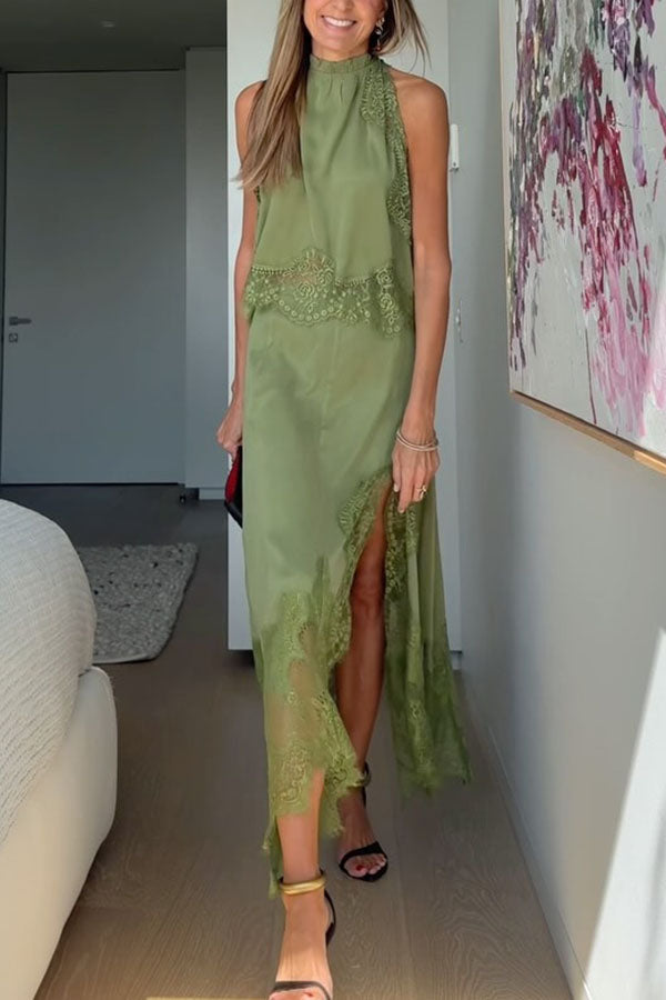 Women's satin two-piece set with lace pleated collar top and ankle-length irregular slit skirt