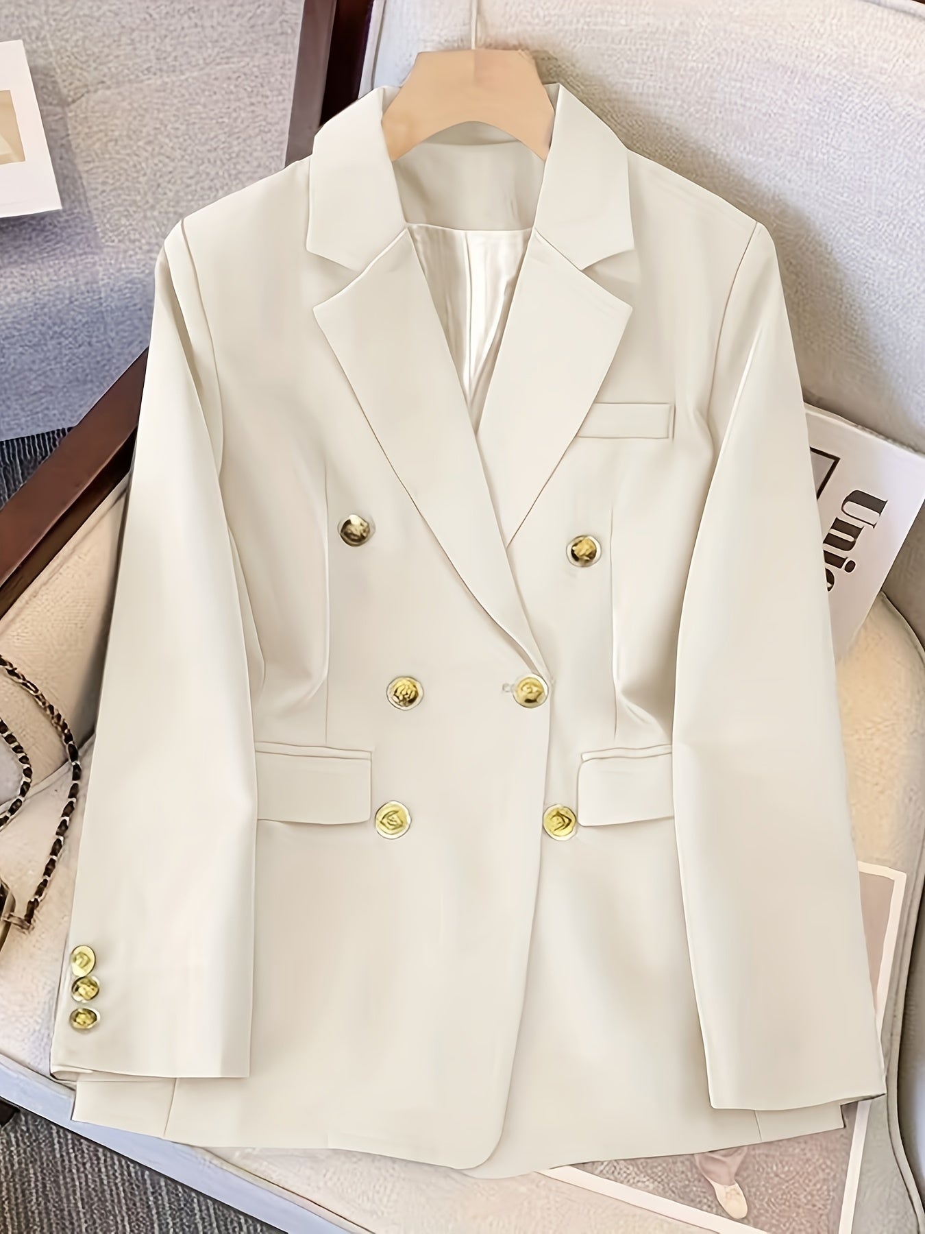 Women's double-breasted blazer sculpted fit notch lapel formal workwear with gold-tone buttons