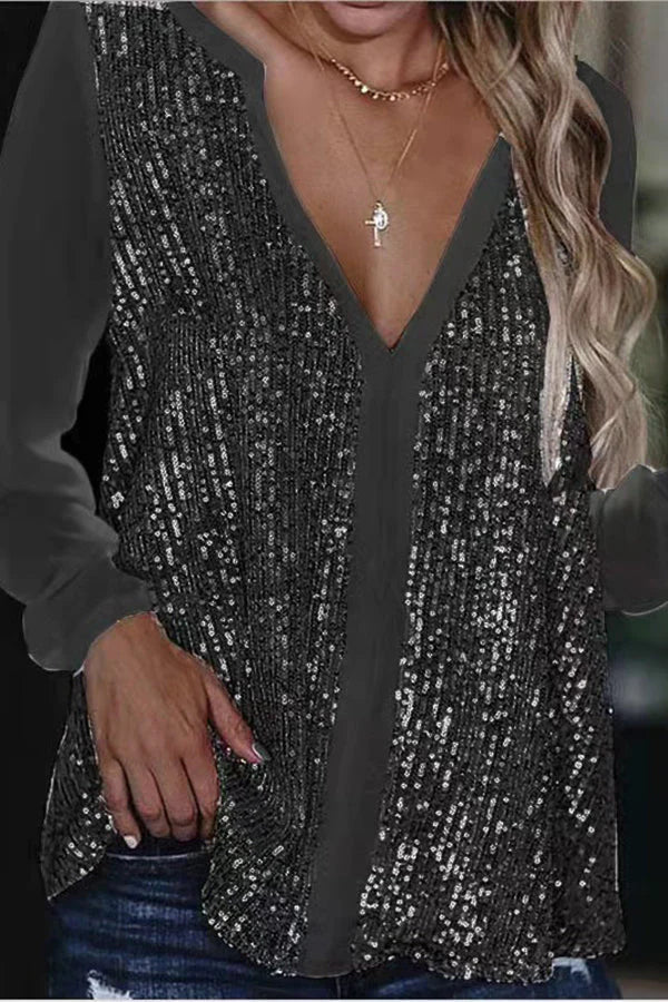 Women's silver sequined long sleeve glitter blouse V-neckline allover embellishment festive evening top