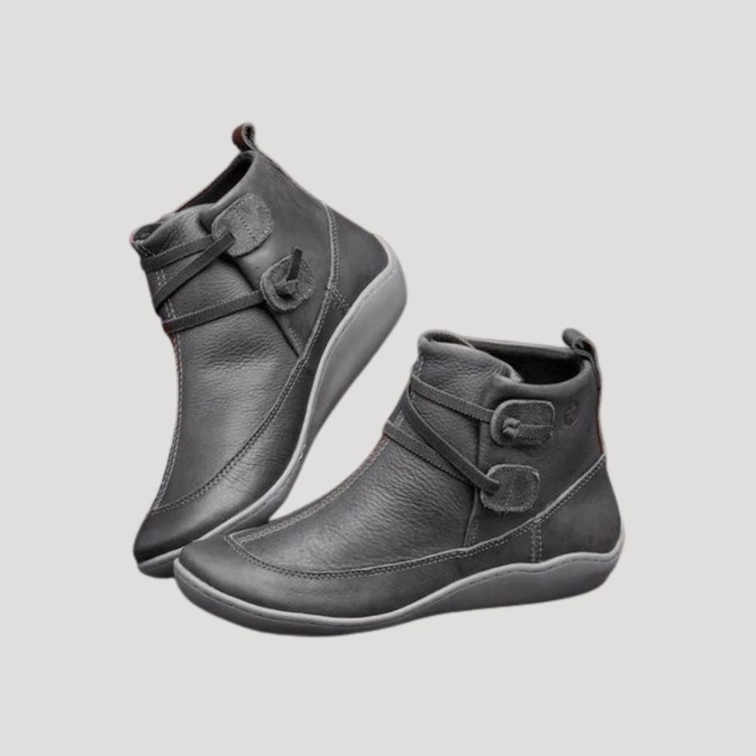 Women's casual spring ankle strap boots in neutral tone with secure buckle closure for all-day comfort