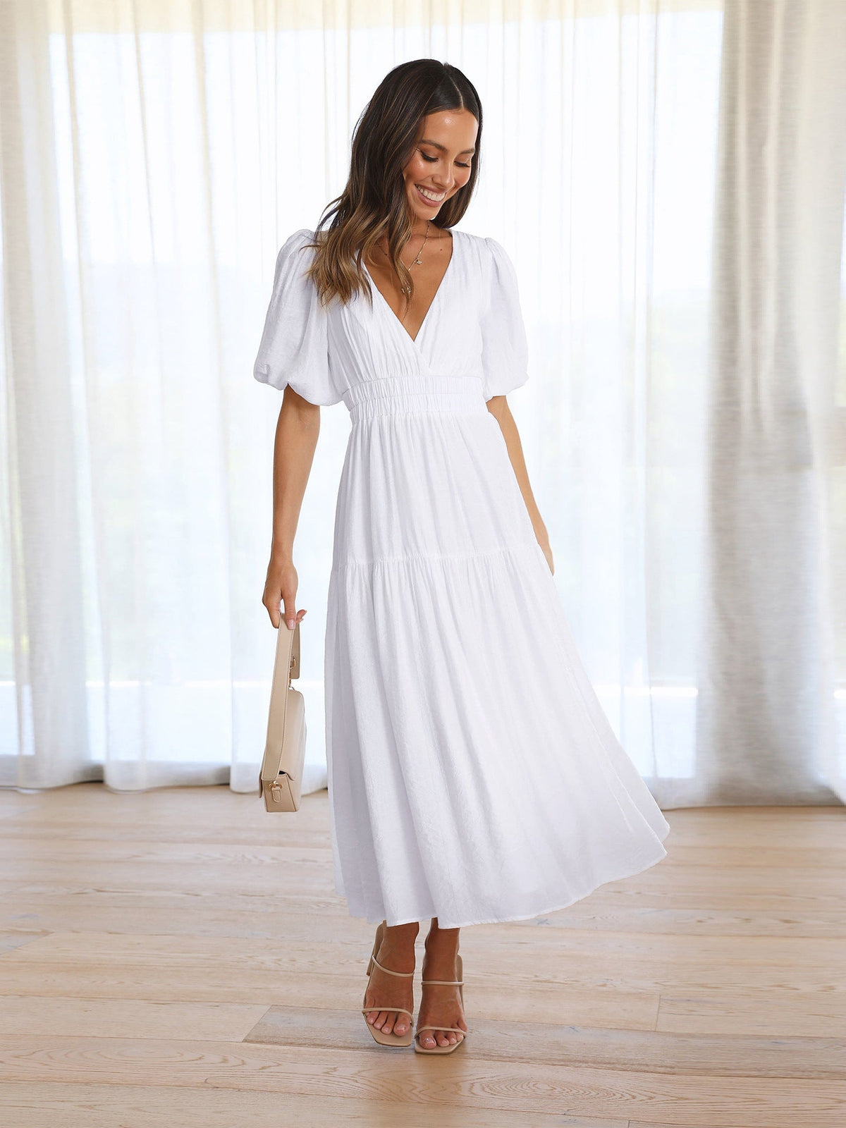 Noelle | Women's V-Neck Puff Sleeve Midi Dress with Smocked Waist