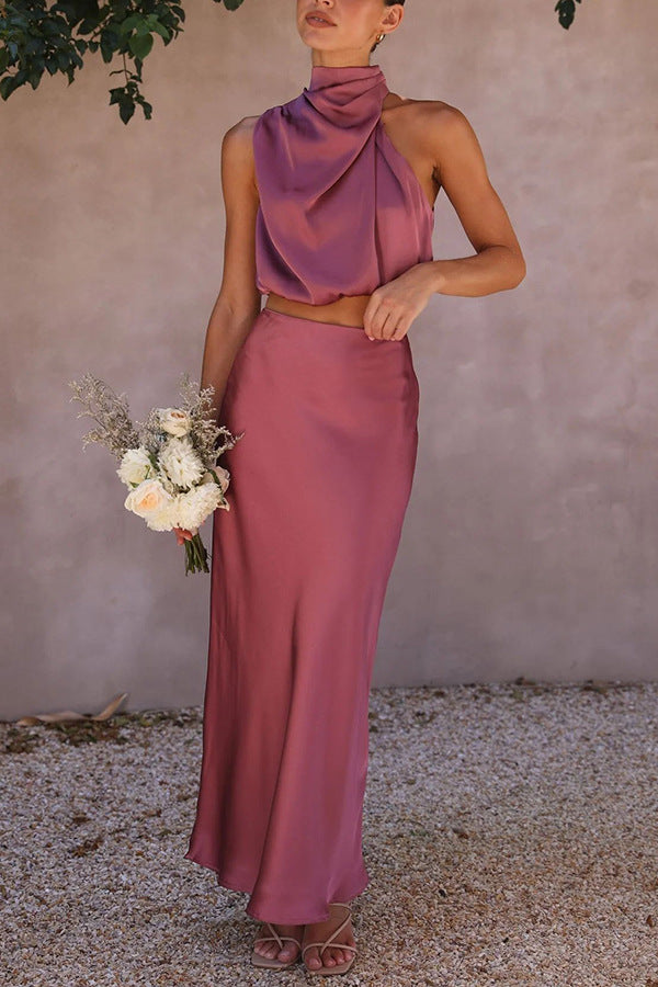 Women's satin two-piece set draped high-neck crop top bias-cut maxi skirt spring elegance