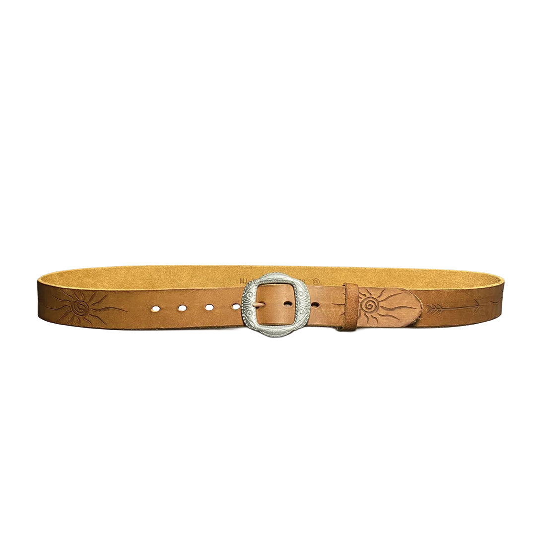 Men's handmade genuine leather belt with carved steel buckle featuring sun arrow motifs
