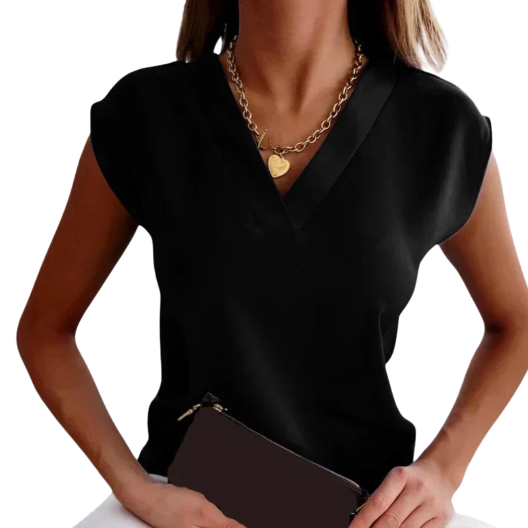 Women's sleeveless ivory blouse slim-fit office chic top with elegant minimalist neckline
