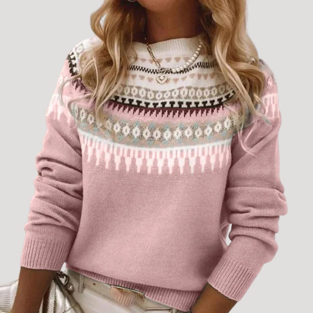 Women's Fair Isle knit sweater in multicolor spring-weight breathable fabric with classic patterned cozy fit