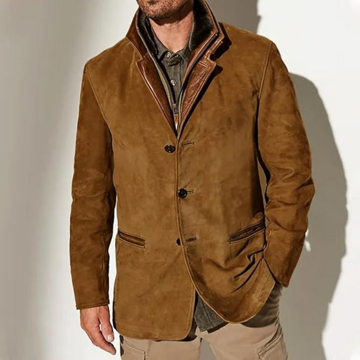 Men's vintage kurta-inspired coat with button-down closure and warm down insulation