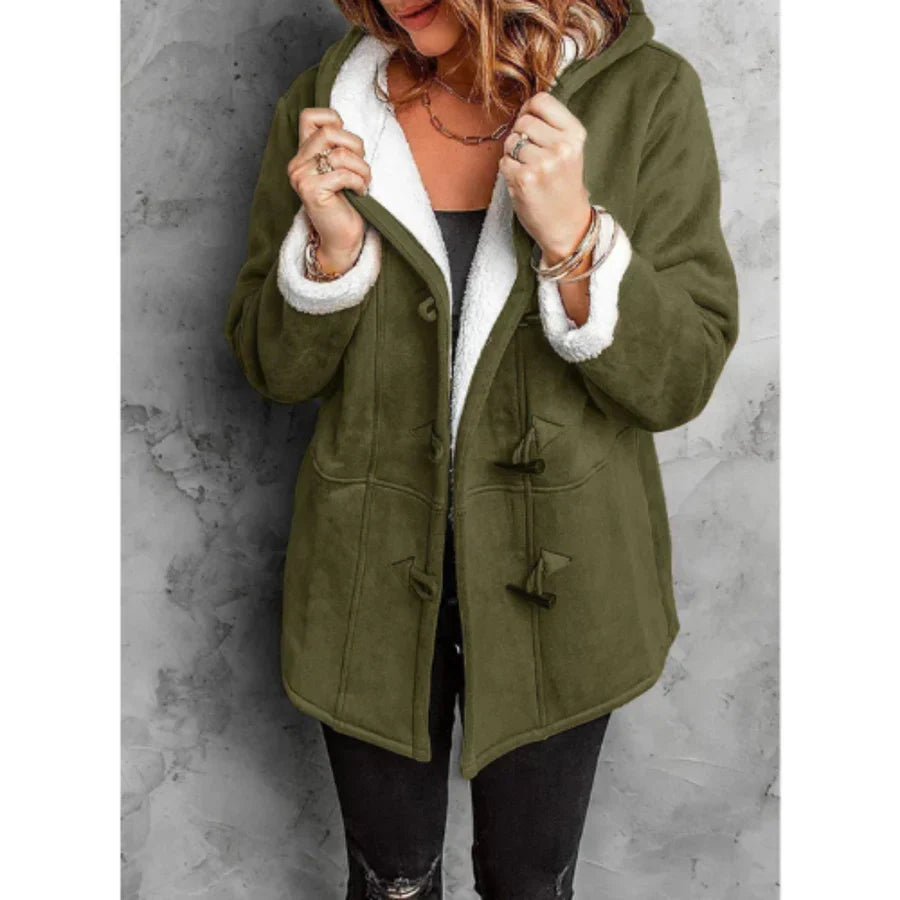 Women's mid-length fleece-lined relaxed fit jacket with hood and toggle closure for fall