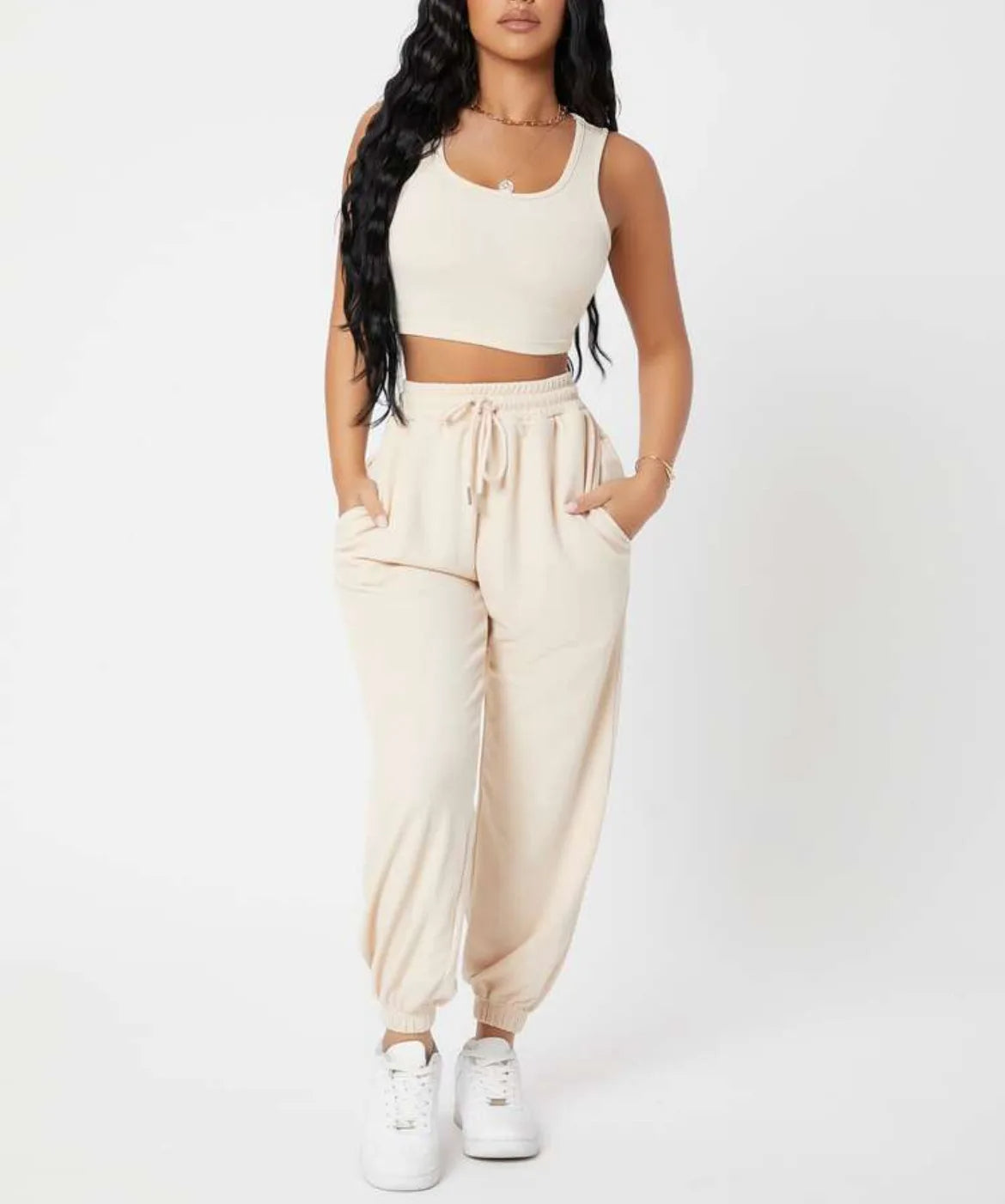 Women's ultra-soft two-piece lounge set with cropped tank and high-rise joggers in matching color