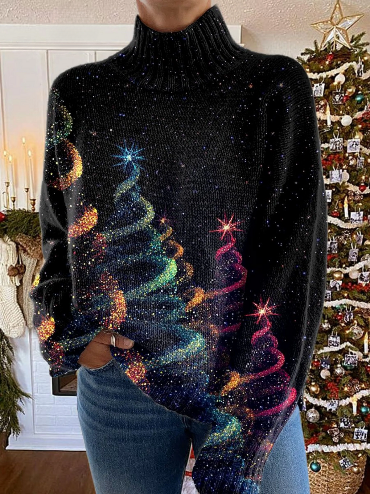 Women's red Christmas turtleneck sweater cozy knit high ribbed neckline festive tree print holiday style