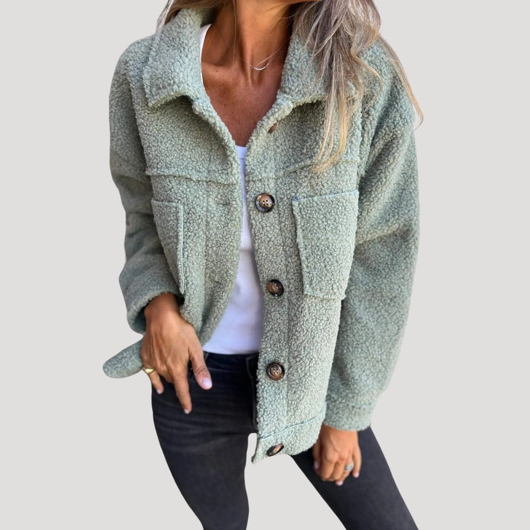 Women's oversized teddy fleece sherpa jacket cozy collar button placket plush winter warmth