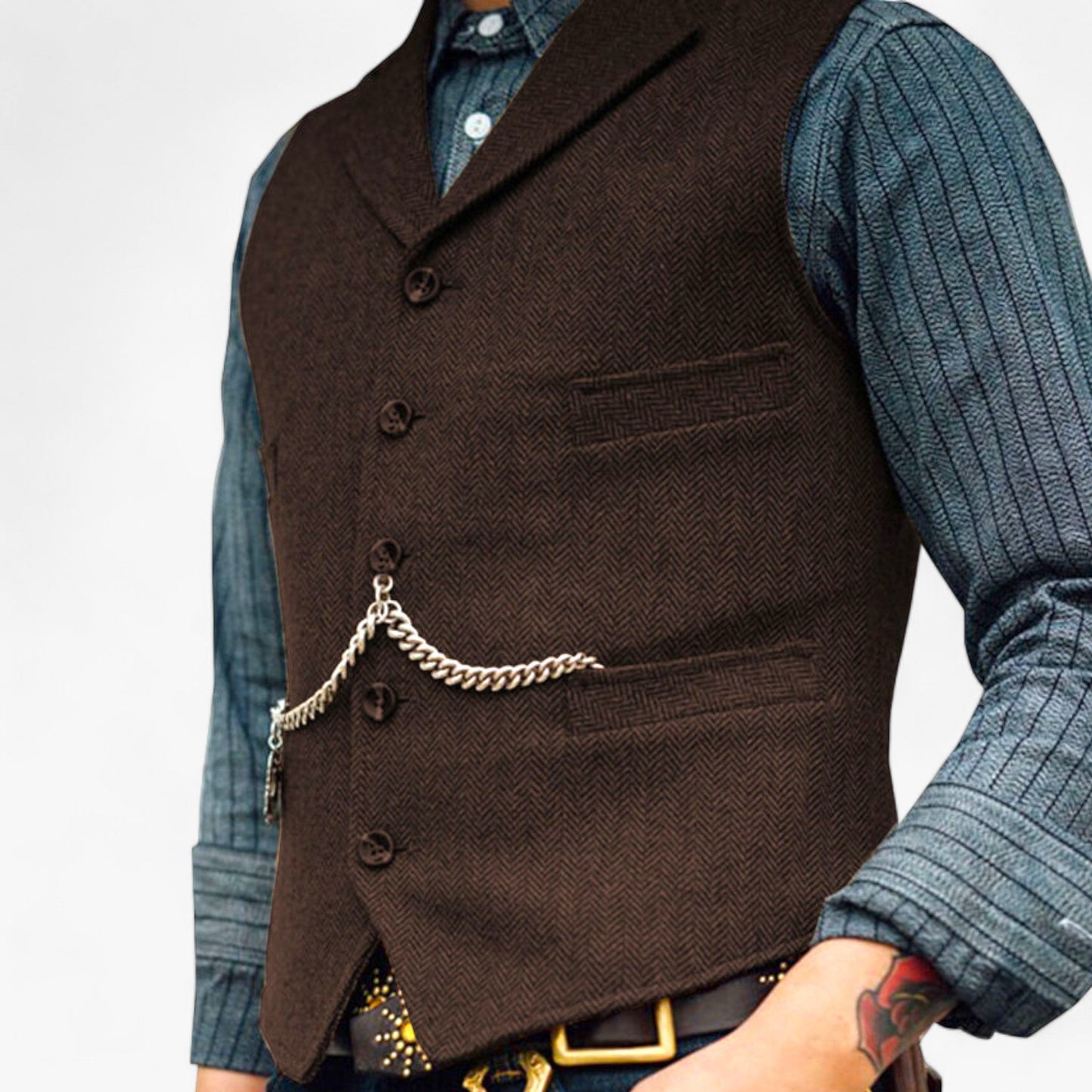 Charcoal men's tailored suit vest slim-fit silhouette with decorative vintage-inspired chain detailing