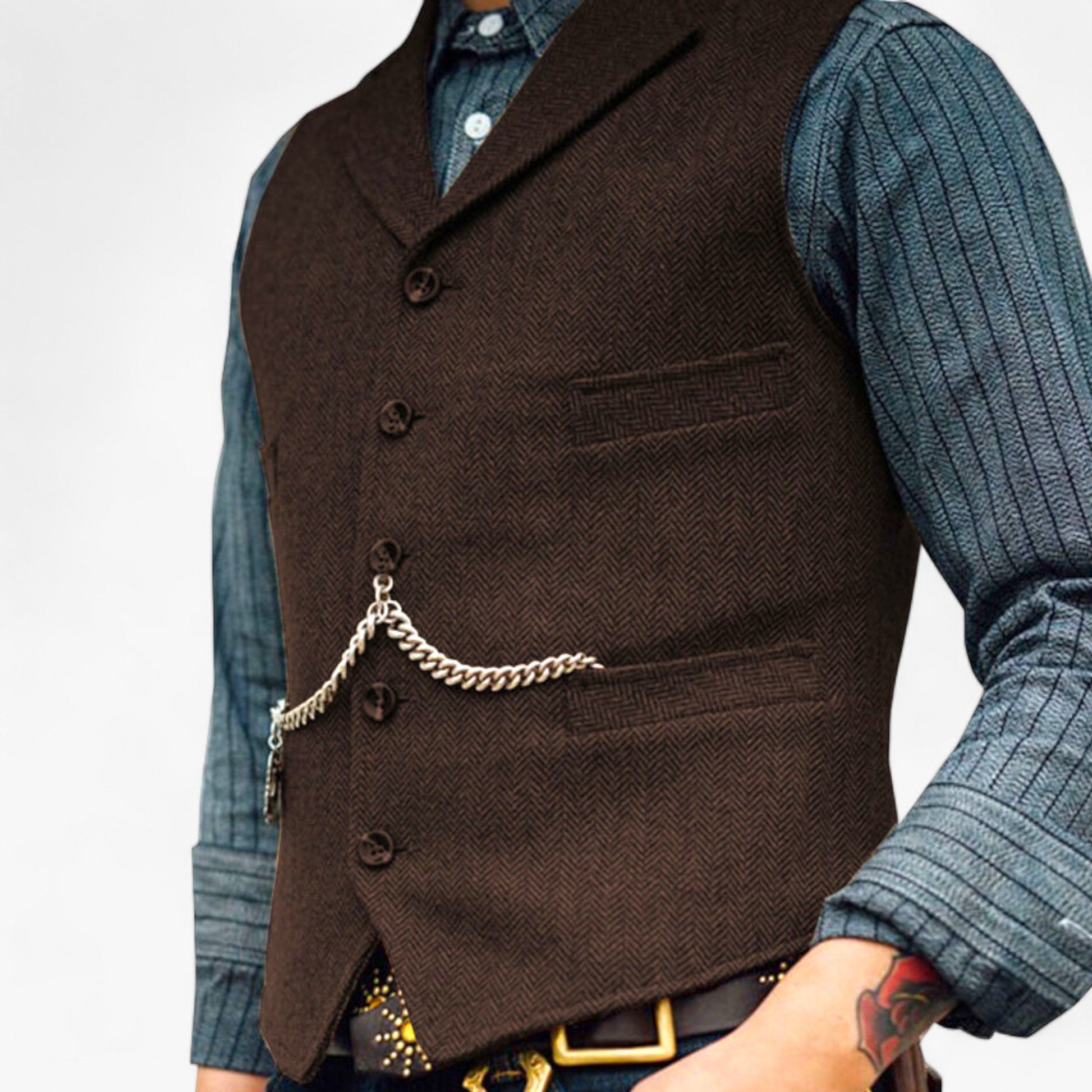 Charcoal men's tailored suit vest slim-fit silhouette with decorative vintage-inspired chain detailing