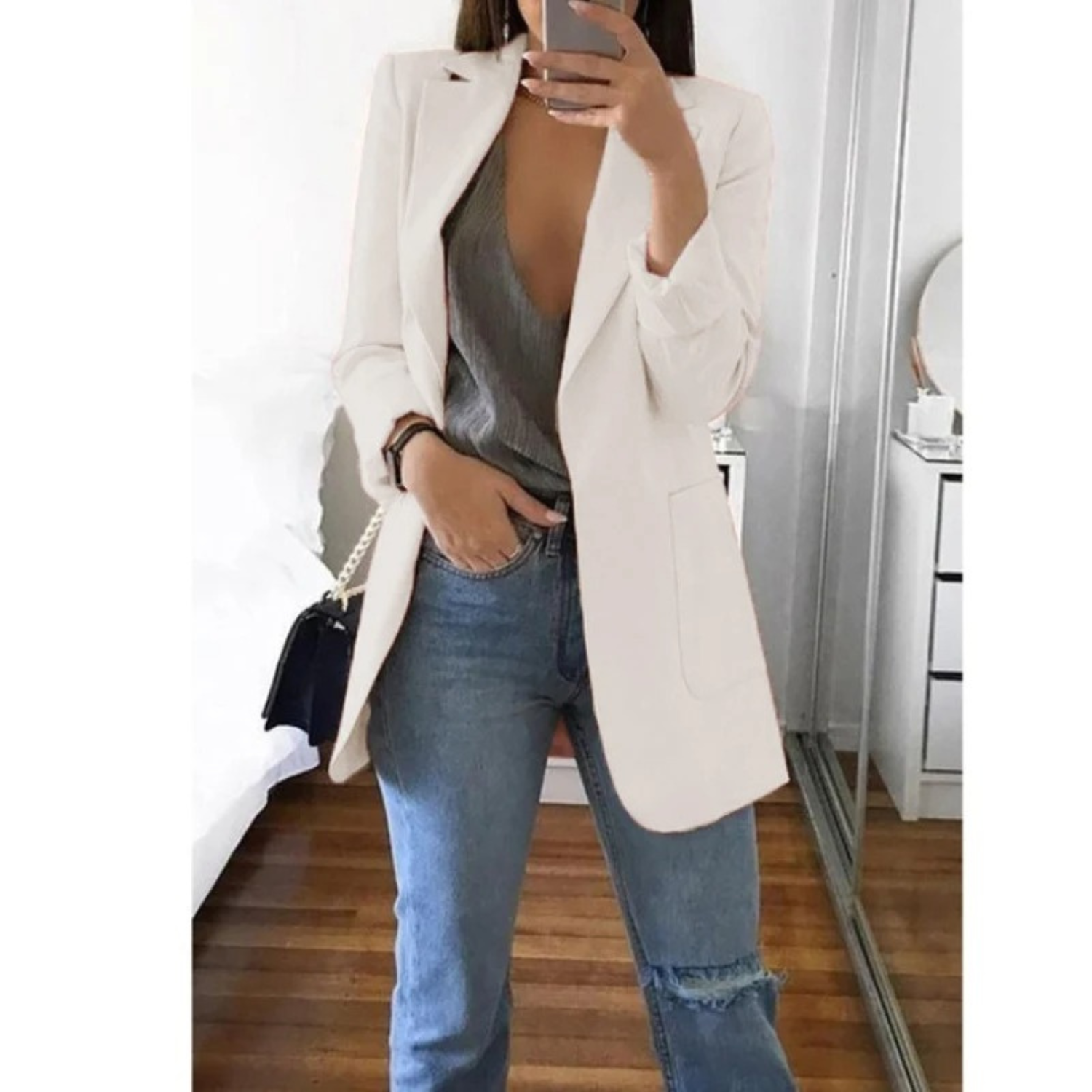 Women's structured blazer notched lapel single-breasted professional fit with welt pockets