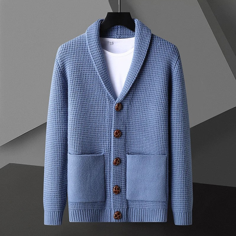 Men's gray waffle knit shawl collar cardigan wool premium casual layering piece